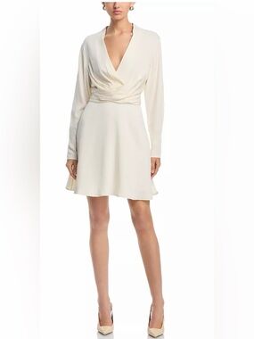 BOSS Dimkai Surplice Dress NWOT Cream Long Sleeve Wrap Mini V Neck US 14